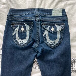 True Religion Women's Dark Blue Jeans with White Stitching